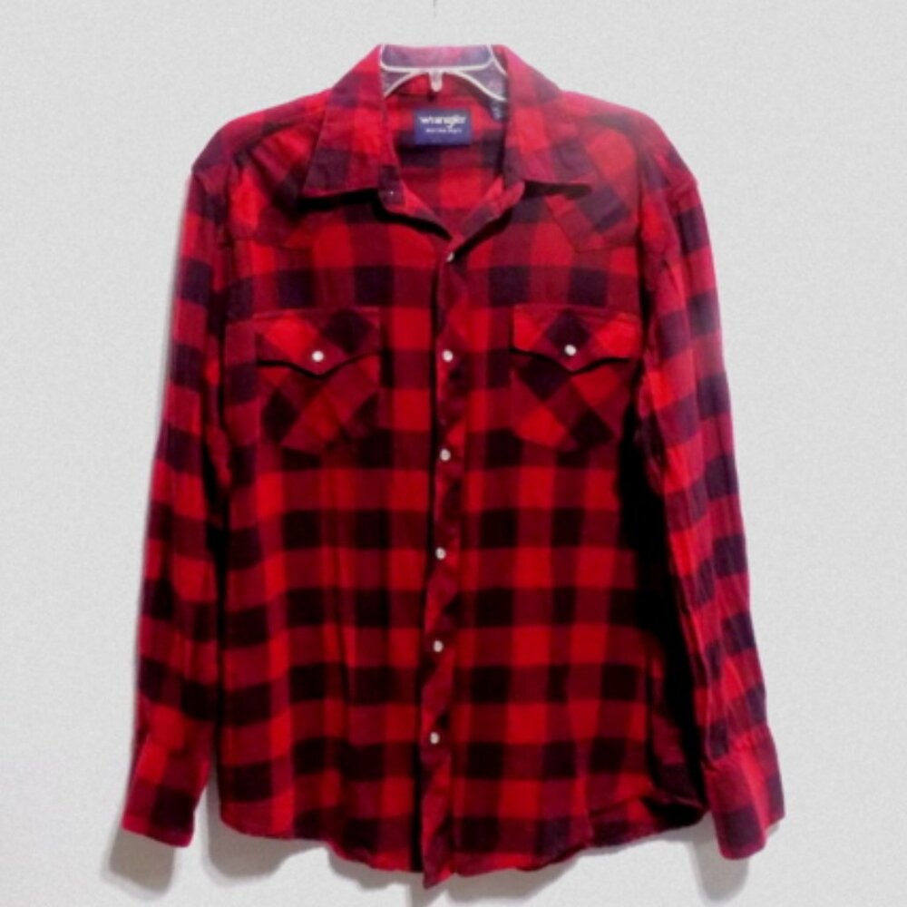 Wrangler Men's Red & Black Plaid Western Pearl Snap Flannel Shirt – Size: Large